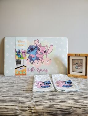 Disney Stitch & Angel Kitchen Set with 2 Towels, Tabletop Clock, and Floor Mat